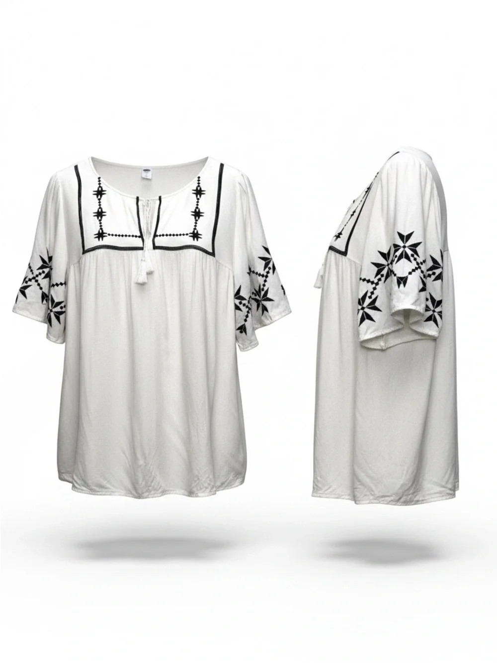 Y2K Peasant Blouse White w Black Boho Embroidery Flutter Sleeves & Tassel Ties L